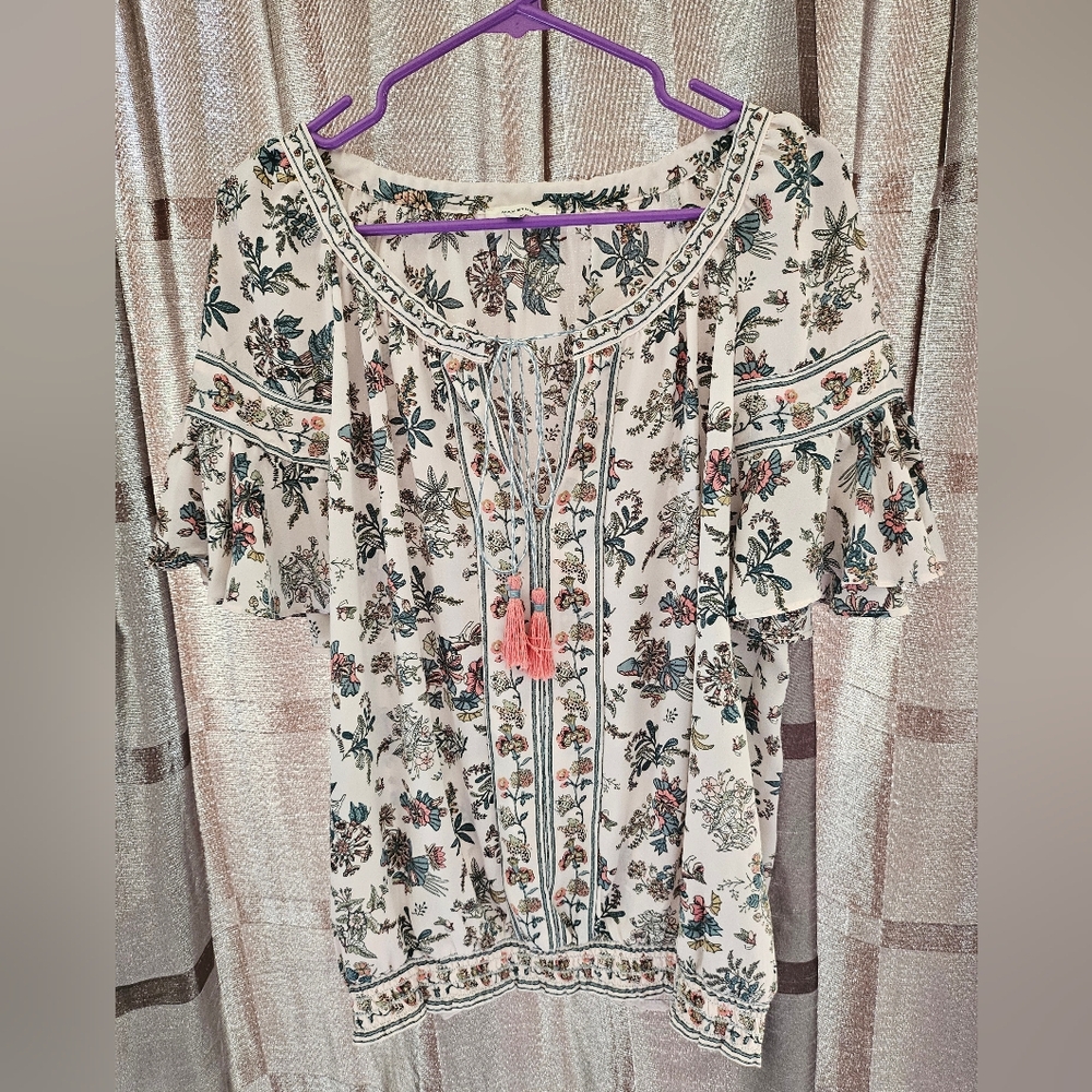 Max Studio Floral Blouse, Ruffle Sleeves, Pink, Green, Size L, Like New!